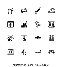 Editable 16 engine icons for web and mobile. Set of engine included icons line Motorcycle, Trailer, Planes, System, Railway, Pick up, Robotic arm, Setting on white background