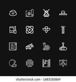 Editable 16 engineering icons for web and mobile. Set of engineering included icons line Planning, Robot arm, Cpu, Helmet, Crane, Setting, Draft, Wire, Hat on black background