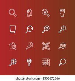Editable 16 enlarge icons for web and mobile. Set of enlarge included icons line Magnifying glass, Font, Search, Expand, Glass, Magnifier on red