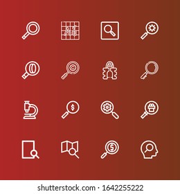 Editable 16 enlarge icons for web and mobile. Set of enlarge included icons line Search, Magnifying glass, Microscope, Expander, Font on red