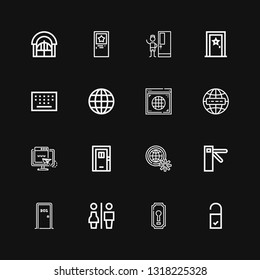 Editable 16 enter icons for web and mobile. Set of enter included icons line Doorknob, Keyhole, Restrooms, Door, Access, Internet, Web, Keypad on black background