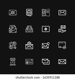 Editable 16 envelope icons for web and mobile. Set of envelope included icons line Mail, Mails, Postcard, Mailbox, Email, Contact, Spam, Inbox, Invitation on black background
