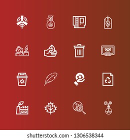 Editable 16 environmental icons for web and mobile. Set of environmental included icons line Energy, Green earth, Leaf, Green power, Recycle, Recycling, Ecological, Bin on red