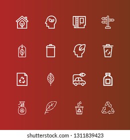 Editable 16 environmental icons for web and mobile. Set of environmental included icons line Recycle, Recycling, Leaf, Throw, Conserve, Electric car, Recycling bin, Ecology on red