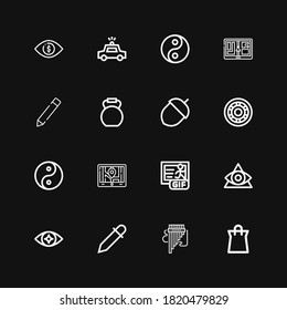 Iconos editables de 16 eps para web y móvil. El conjunto de pasos incluye íconos de la línea de la bolsa de compras, Panpipe, Eyedropper, Eye, Gif, Gps, Yin yang, Wheel, Acorn, Kettlebell sobre fondo negro
