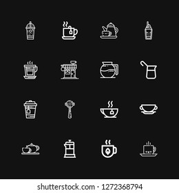 Editable 16 espresso icons for web and mobile. Set of espresso included icons line Coffee, Tea, French press, Coffee pot, Cup, Espresso, Coffee maker, Coffee shop on black background