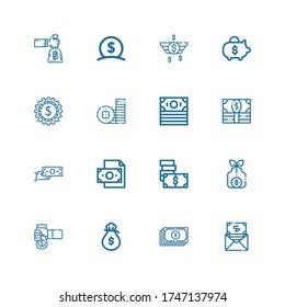Editable 16 euro icons for web and mobile. Set of euro included icons line Money, Yuan, Money bag, Cash, Money transfer, Coin, Dollar, Piggy bank on white background