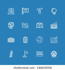 Editable 16 europe icons for web and mobile. Set of europe included icons line London eye, Stonehenge, Flag, Pisa, Map, Globe, Big ben, Palais garnier, Taj mahal on blue background