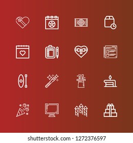 Editable 16 event icons for web and mobile. Set of event included icons line Gift, Fireworks, Display, Party, Birthday cake, Magic, Magic wand, Kayak, News, Schedule, Calendar on red