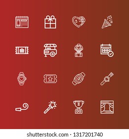 Editable 16 event icons for web and mobile. Set of event included icons line Stage, Trophy, Magic wand, Party whistle, Watch, Ticket, Calendar, Clown, Food stand, Party on red