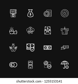 Editable 16 exchange icons for web and mobile. Set of exchange included icons line Funds, Bitcoin, Payment method, Euro, Money transfer, Dollar, Money, Atm on black background