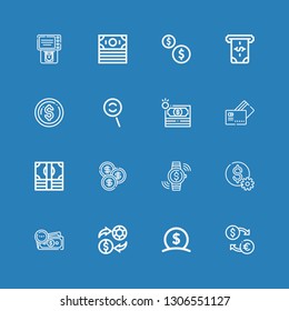Editable 16 exchange icons for web and mobile. Set of exchange included icons line Exchange, Money, Dollar, Investment, Coin, Payment method, Dodge, Atm, Coins on blue background
