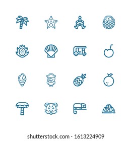 Editable 16 exotic icons for web and mobile. Set of exotic included icons line Lotus temple, Chameleon, Hamster, Palm tree, Orange, Pineapple, Parrot, Seashell on white background