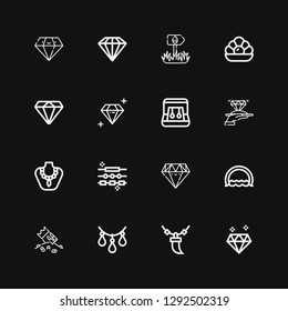 Editable 16 expensive icons for web and mobile. Set of expensive included icons line Diamond, Necklace, Riches, Ring, Jewelry, Earrings, Pearl, Sign on black background