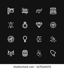 Editable 16 expensive icons for web and mobile. Set of expensive included icons line Ring, Earrings, Gem, Necklace, Riches, Diamond, Sign, Jewelry on black background