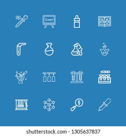 Editable 16 experiment icons for web and mobile. Set of experiment included icons line Pipette, Magnifying glass, Molecule, Momentum, Test tube, Test tubes on blue background