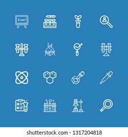 Editable 16 experiment icons for web and mobile. Set of experiment included icons line Magnifying glass, Chemical, Chemistry, Science, Pipette, Eyedropper, Molecule on blue background