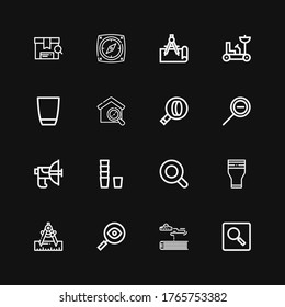 Editable 16 iconos de exploración para web y móvil. El conjunto de exploración incluyó la línea de iconos Buscar, Ciencia ficción, brújula, vidrio, vidrio de aumento, Parabólico sobre fondo negro