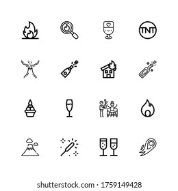 Editable 16 explosion icons for web and mobile. Set of explosion included icons line Fire, Champagne, Sparkle, Volcano, Party, Flame, Tnt, Disaster on white background