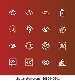 Editable 16 eyeball icons for web and mobile. Set of eyeball included icons line Eye, Visibility, View, Visual, Eyeball, Lens, Contact lens on red