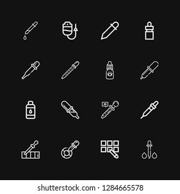 Editable 16 eyedropper icons for web and mobile. Set of eyedropper included icons line Dropper, Pipette, Eyedropper, Contact lens, Eye dropper, Picker on black background