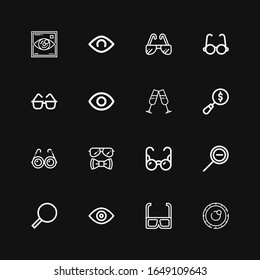 Editable 16 eyesight icons for web and mobile. Set of eyesight line icons including: Lens, d glasses, View, Magnifying glass, Zoom out, Glasses, Sunglasses, Eye on black background