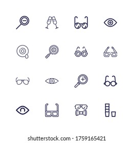 Editable 16 eyesight icons for web and mobile. Set of eyesight included icons line Glass, Sunglasses, d glasses, View, Glasses, Zoom, Magnifying glass, Eye on white background