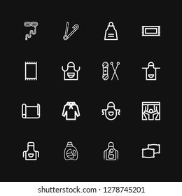 Editable 16 fabric icons for web and mobile. Set of fabric included icons line Pillows, Apron, Detergent, Curtains, Hoodie, Paper roll, Knit, Carpet, Rug, Safety pin on black background