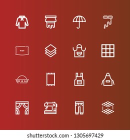 Editable 16 fabric icons for web and mobile. Set of fabric included icons line Layers, Sweatpants, Sewing, Curtains, Apron, Carpet, Sailor hat, Blanket, Layer, Pillow, Tie on red