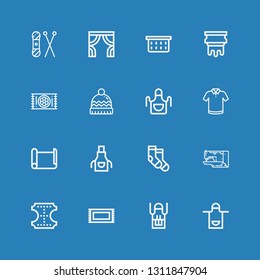 Editable 16 fabric icons for web and mobile. Set of fabric included icons line Apron, Rug, Leather, Sewing machine, Socks, Paper roll,  shirt, Winter hat on blue background