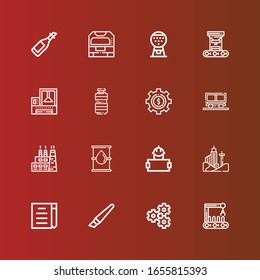 Editable 16 iconos de fábrica para web y móvil. Conjunto de íconos de fábrica incluidos línea Robot arm, Gear, Cutter, Draft, Building, Worker, Oil, Factory, Mine, CogWheel, Máquina en rojo