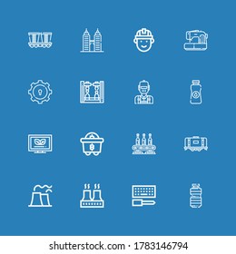 Editable 16 iconos de fábrica para web y móvil. El conjunto de la fábrica incluye íconos de línea Aceite, Configuración, Fábrica, Planta Nuclear, Tanque, Transmisor, Minería, Ecológica sobre fondo azul