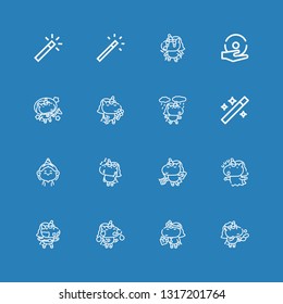 Editable 16 fairy icons for web and mobile. Set of fairy included icons line Unicorn, Birthday girl, Wand, Spell, Magic wand on blue background