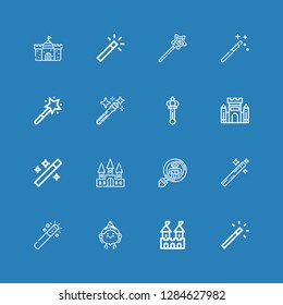 Editable 16 fairytale icons for web and mobile. Set of fairytale included icons line Magic wand, Fortress, Birthday girl, Cryptozoology, Castle, Wand, Scepter on blue background