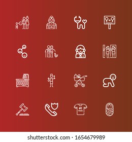 Editable 16 Family Icons For Web And Mobile. Set Of Family Included Icons Line Baby, Best Friend, Insurance, Law, Baby Carriage, Staff, Baby Crib, Amusement Park, Woman On Red