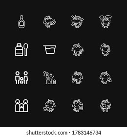 Editable 16 fancy icons for web and mobile. Set of fancy included icons line Unicorn, Family, Syrup on black background