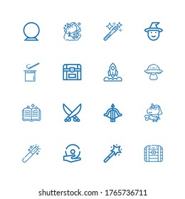 Bearbeitbar 16 Fantasy Icons für Web und Mobile. Set Set von Fantasie enthalten Symbole Zeile Brust, Magic Zauberstab, Zauberstab, Zauberspruch, Einhorn, Crossbow, Säbel, Spellbook, Ovni, Rakete auf weißem Hintergrund