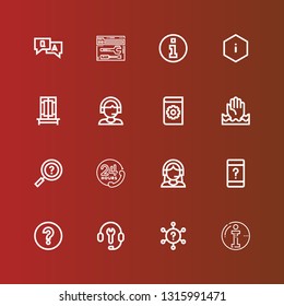 Editable 16 faq icons for web and mobile. Set of faq included icons line Info, Question, Customer support, Question mark, Customer service, Information, Help, Manual, Support on red