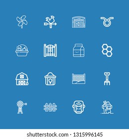 Editable 16 farm icons for web and mobile. Set of farm included icons line Sand, Gorilla, Fence, Vane, Rake, Fried chicken, Barn, Honeycomb, Milk, Harvest, Taurus on blue background