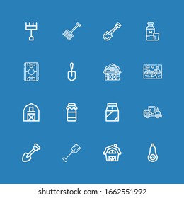 Editable 16 farming icons for web and mobile. Set of farming included icons line Butternut squash, Barn, Shovel, Tractor, Milk, Farm, Field, Rake on blue background