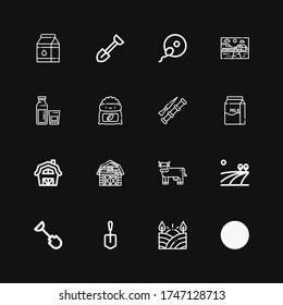 Editable 16 farming icons for web and mobile. Set of farming included icons line Shovel, Field, Cow, Barn, Milk, Spike, Fertilizer, Farm, Fertilization on black background