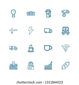 Editable 16 fast icons for web and mobile. Set of fast included icons line Sausage, Performance, Delivery, Roller coaster, Pizza, Coffee cup, Van, Shipping on white background