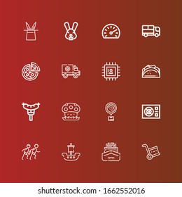 Editable 16 fast icons for web and mobile. Set of fast included icons line Delivery, Ship, Race, Power, Logistics, Mushroom, Sausage, Taco, Chip, Ambulance, Pizza, Truck on red