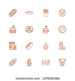 Editable 16 fat icons for web and mobile. Set of fat included icons line Rhino, Butter, Chocolate, Hot dog, Vitamin, Cupcake, Vitamins, Donut, Hamburguer, Burger on white background