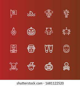 Editable 16 fear icons for web and mobile. Set of fear included icons line Skull, Pumpkin, Witch, Fangs, Fins, Frankenstein, Spider, Bat, Voodoo, Shark, Pirate flag on red