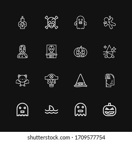 Editable 16 iconos de miedo para web y móvil. Conjunto de miedo incluido íconos línea Calabaza, Fantasma, Tiburón, Ansiedad, Bruja, Calavera, Bat, Zombie, Voodoo sobre fondo negro