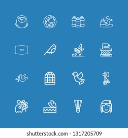 Editable 16 feather icons for web and mobile. Set of feather included icons line Native american, Badminton, Headdress, Pigeon, Tomahawk, Dove, Bird cage, Typewriter on blue background