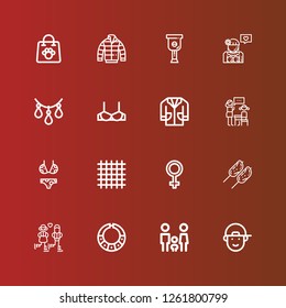 Editable 16 female icons for web and mobile. Set of female included icons line Boy, Family, Necklace, Couple, Chicken, Venus, Cloth, Bikini, Lesson, Lab coat, Brassiere on red