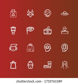 Editable 16 female icons for web and mobile. Set of female included icons line Couple, Cosmetics, Geisha, Shopping bag, Head, Avatar, Receptionist, Bathroom, Mascara, Toilet on red