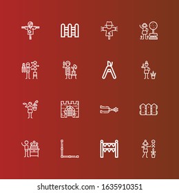 Editable 16 fence icons for web and mobile. Set of fence included icons line Gardener, Gate, Fence, Spur, Pruning shears, Garden, Scarecrow on red